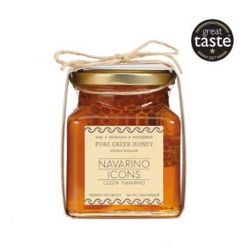Miel grec pur Navarino Icons – Avec rayons de miel frais 400 g | Miel artisanal cru et non filtré de Messénie