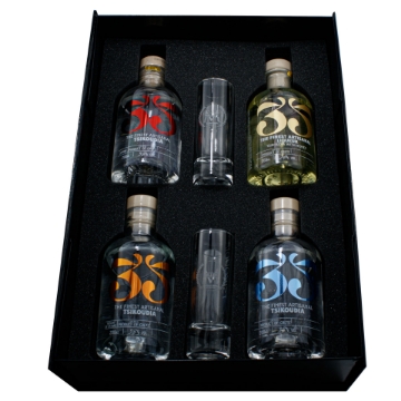Coffret cadeau premium Tsikoudia crétois - 4x200ml, 35N, verres gravés