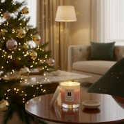 elenianna Milos Whispers of Love spicy floral candle as the perfect luxury holiday gift, lit in front of a Christmas tree