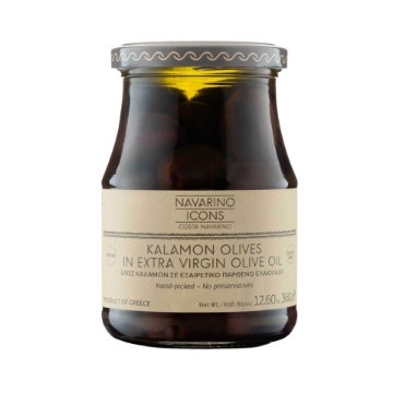 Olives Kalamon Navarino Icons à l'huile d'olive extra vierge, 360 g | Olives du Péloponnèse cueillies à la main, apéritif gourmand végétalien et sans gluten