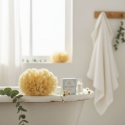 Large honeycomb natural sea sponge by a white bathtub with Kalyspongea baby care products and eucalyptus for a gentle, organic infant bath.