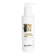 A 200ml white pump bottle of Mastic Spa Donkey Milk and Mastic Oil 2 in 1 Shampoo and Conditioner against a solid white background.