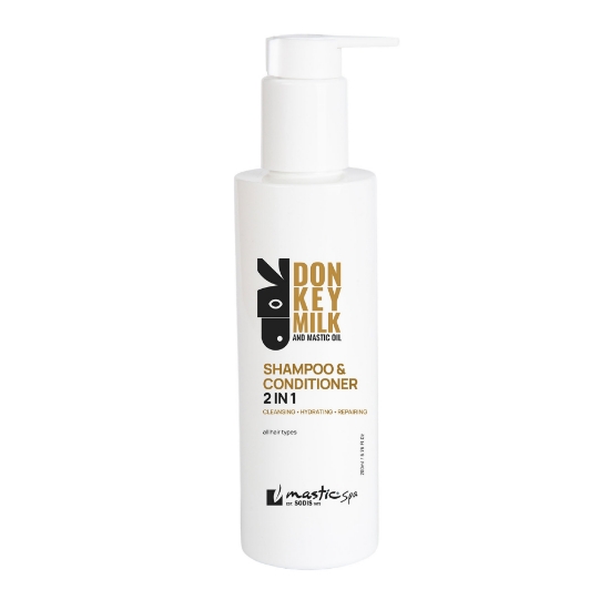 A 200ml white pump bottle of Mastic Spa Donkey Milk and Mastic Oil 2 in 1 Shampoo and Conditioner against a solid white background.