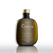CORKYRA Premium Extra Virgin Olive Oil 250ml bottle from Dellis Estate Corfu, featuring a gold cap and elegant round glass design with clear reflection on a white background.