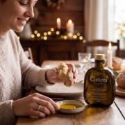 Close-up of a young woman enjoying a meal, dipping artisanal bread into a dish of CORKYRA olive oil with the bottle visible on a cozy, candlelit wooden table.