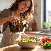 A young woman smiling in a bright kitchen while drizzling CORKYRA Extra Virgin Olive Oil from the 250ml bottle onto a fresh Mediterranean salad.