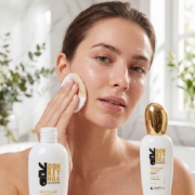 Young woman with radiant skin using a cotton pad with Donkey Milk Micellar Water on her face.
