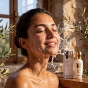 Young woman smiling while splashing her face with milky micellar water in a sunny Mediterranean setting.