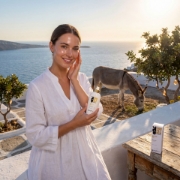 A smiling woman in a white linen dress holding a bottle of Mastic Spa Donkey Milk and Mastic Oil Serum Oil with a donkey and the sea in the background.