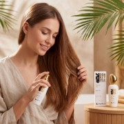 A woman applying Donkey Milk and Mastic Oil Body & Hair Serum Oil to her long brown hair for a silky smooth finish.