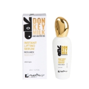 Centered group shot of the white 'mastic spa' Instant Lifting Serum bottle with its gold cap and donkey graphic, standing next to its matching closed box on a plain white background. All product text is sharp and clear.
