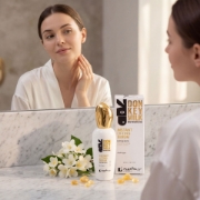 A young woman in a white silk robe applies a drop of serum to her neck, with her reflection visible in the large mirror of a marble vanity. The 'mastic spa' Instant Lifting Serum bottle and box, with jasmine flowers and mastic droplets, are featured in the foreground.