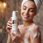 A woman smiling in a shower holding a bottle of Mastic Spa Donkey Milk Shower Gel with lather.