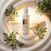 Mastic Spa Shower Gel bottle surrounded by artistic white milk swirls and green mastic tree branches.