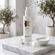 Mastic Spa Shower Gel on a marble tray with mastic resin tears, a bowl of milk, and olive trees.