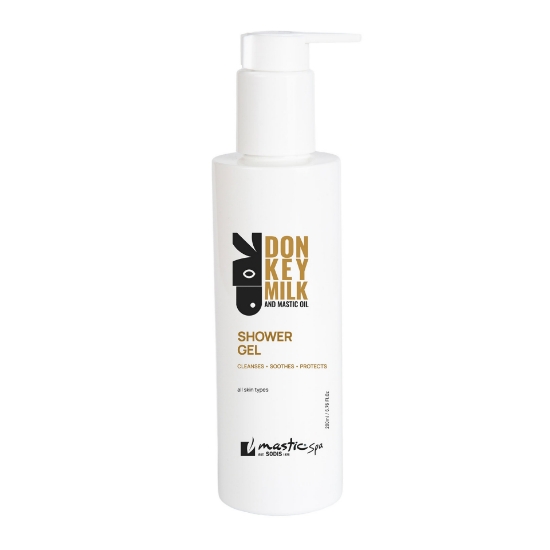 Mastic Spa Donkey Milk and Mastic Oil Shower Gel 200ml bottle on a white background.