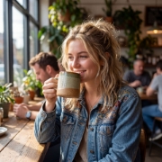 A young woman smiling and holding an Aegean Mist handcrafted ceramic mug in a bright, sunlit cafe setting.