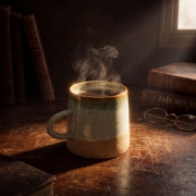 Steaming hot coffee in a speckled stoneware mug on a rustic wooden desk with vintage books and glasses.