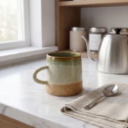 Aegean Mist ceramic mug on a white marble countertop next to a silver spoon and linen napkin.