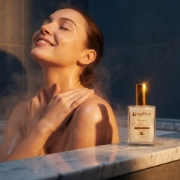 Cinematic close-up of a woman enjoying the Mastic Spa Shimmering Snowflake Glow Body Oil with golden sunlight, steam, and visible skin shimmer.