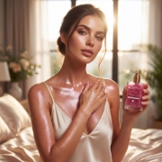 Young woman in silk camisole applying Mastic Spa Berry Lover shimmering body oil in sunlit bedroom.