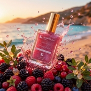 Mastic Spa Berry Lover body oil bottle splashing over fresh berries on a Mediterranean beach at sunset.