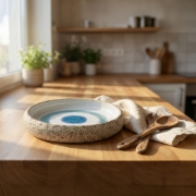 A speckled ceramic evil eye bowl resting on a wooden kitchen countertop next to wooden utensils and a linen napkin in natural sunlight.