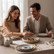 A man and woman dining at a table set with a full collection of evil eye ceramic plates, bowls, and gold cutlery.