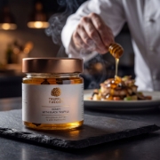 A glass jar of Truffle Theory Honey with Black Truffle on a slate board, with a chef in the background drizzling honey over a gourmet dish.