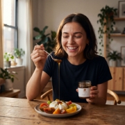 A smiling woman drizzling Truffle Theory Black Truffle Honey over a fresh burrata cheese and tomato salad.