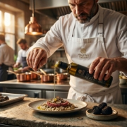 Professional chef in a luxury restaurant kitchen drizzling Truffle Theory black truffle oil over a gourmet beef tartare dish.