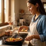 A woman in a denim shirt and beige apron using an olive wood and silicone spatula to stir a colorful mix of sautéed peppers and zucchini in a cast iron skillet on a modern stovetop.