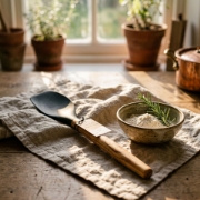 Close-up of a premium olive wood spatula handle resting on a dark marble countertop, highlighting the rich wood texture, the "Olive Wood Collection" label, and the sleek black silicone head.