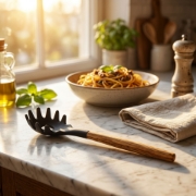 Close-up of a black silicone pasta fork over a boiling copper pot with dramatic steam.