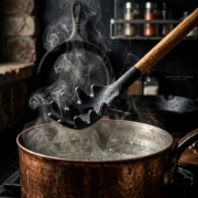 Spaghetti server resting on a marble kitchen counter next to a bowl of pasta and fresh basil.