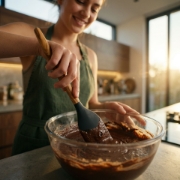 Close-up of a young woman using an olive wood spatula to mix chocolate batter in a modern kitchen.