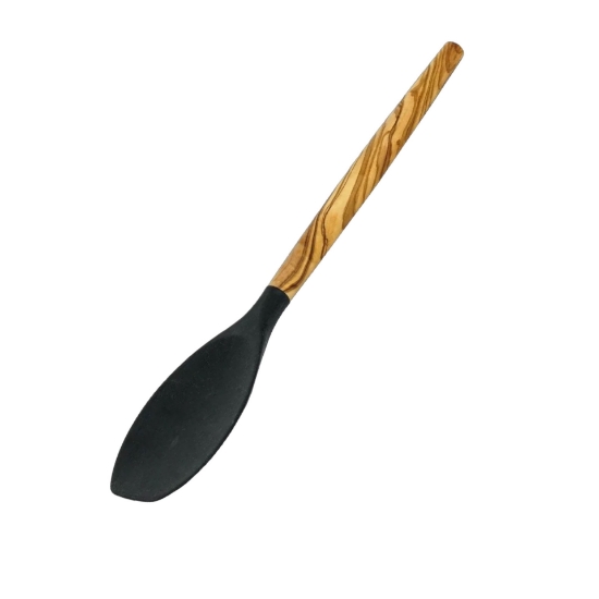 Black silicone cooking spoon with a natural olive wood handle on a white background.