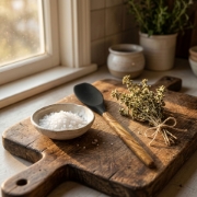 Rustic kitchen scene featuring a silicone spatula with an olive wood handle on a wooden board with sea salt.
