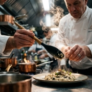 A professional chef plating a gourmet risotto dish using an olive wood handle silicone spatula in a busy kitchen.