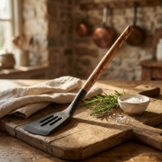 Rustic Kitchen Scene with Olive Wood Spatula