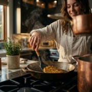 Young Woman Cooking with Olive Wood Spatula