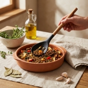 Silicone Slotted Spoon with Authentic Olive Wood Handle by Olea Wood Art shown in a premium lifestyle ecommerce product image