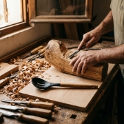 Silicone Slotted Spoon with Authentic Olive Wood Handle by Olea Wood Art shown in a premium packshot ecommerce product image