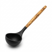 Silicone Soup Spoon with textured black bowl and a patterned olive wood handle.
