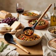 Silicone Soup Spoons with Olive Wood Handle shown in a premium lifestyle ecommerce product image