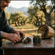 Black Truffle Carpaccio 90g - Wild Greek Truffles in Olive Oil by Truffle Theory on a clean studio background