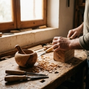 Personalized Olive Wood Grinding Bowl 10cm – Custom Engraved Mortar by Olea Wood Art on a clean studio background