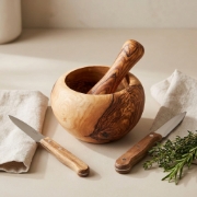 Personalized Olive Wood Grinding Bowl 10cm – Custom Engraved Mortar by Olea Wood Art shown as a close-up product detail