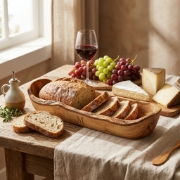 Personalized Rustic Olive Wood Bread Stand 40cm – Custom Engraved by Olea Wood Art in a natural lifestyle setting