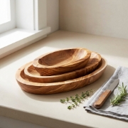 Personalized Olive Wood Oval Dish Set - 3 Handcrafted Cretan Bowls by Olea Wood Art shown as a close-up product detail